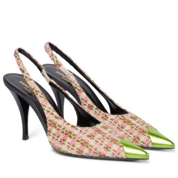 SAINT LAURENT Vesper 90 Tweed Slingback Pumps Pink Green - Picture 1 of 8